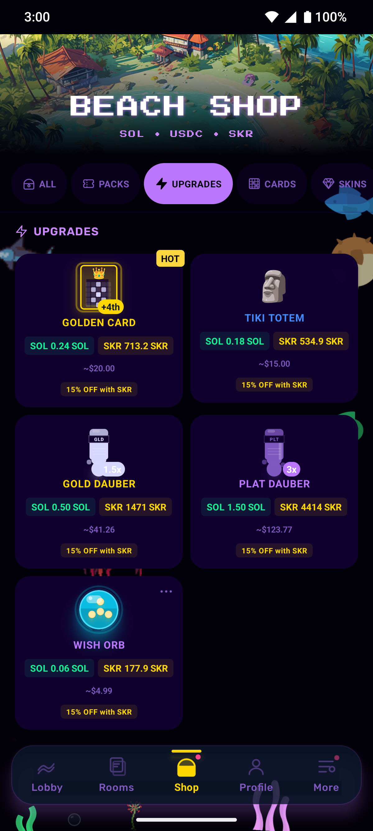 Shop upgrades: Golden Card, Tiki Totem, Daubers