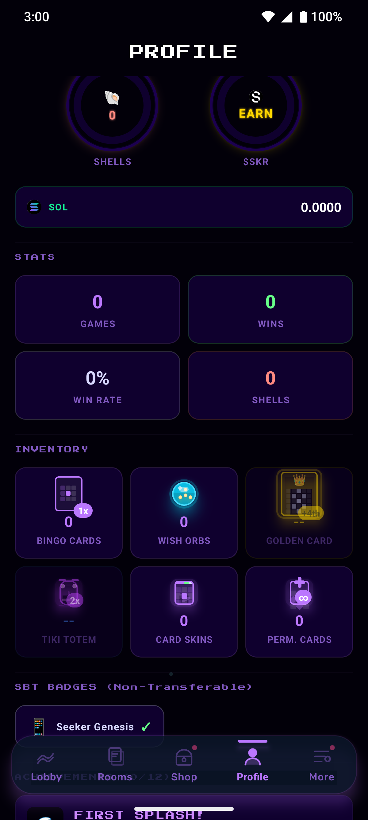 Profile with wallet, stats, inventory, and SBT badges