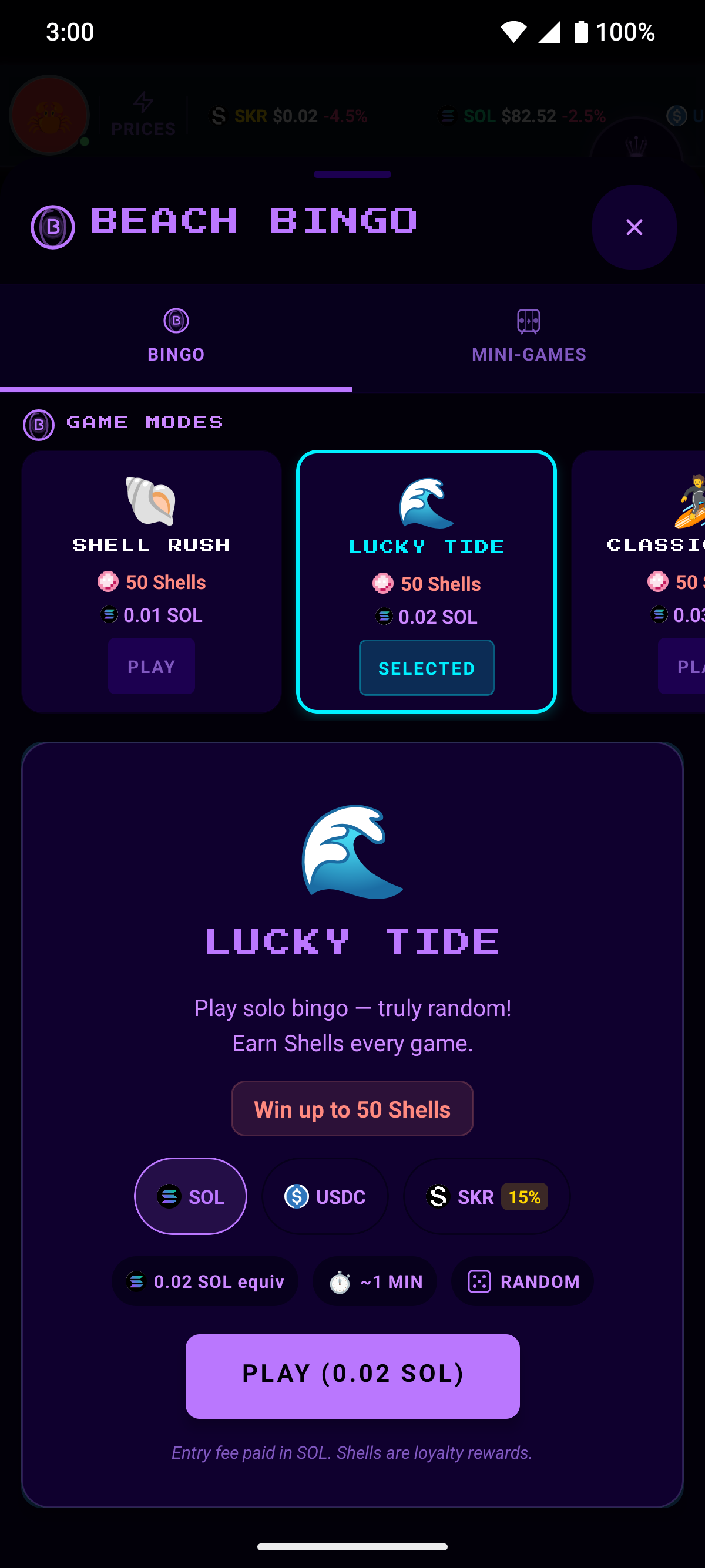 Solo bingo game modes: Shell Rush, Lucky Tide, Classic