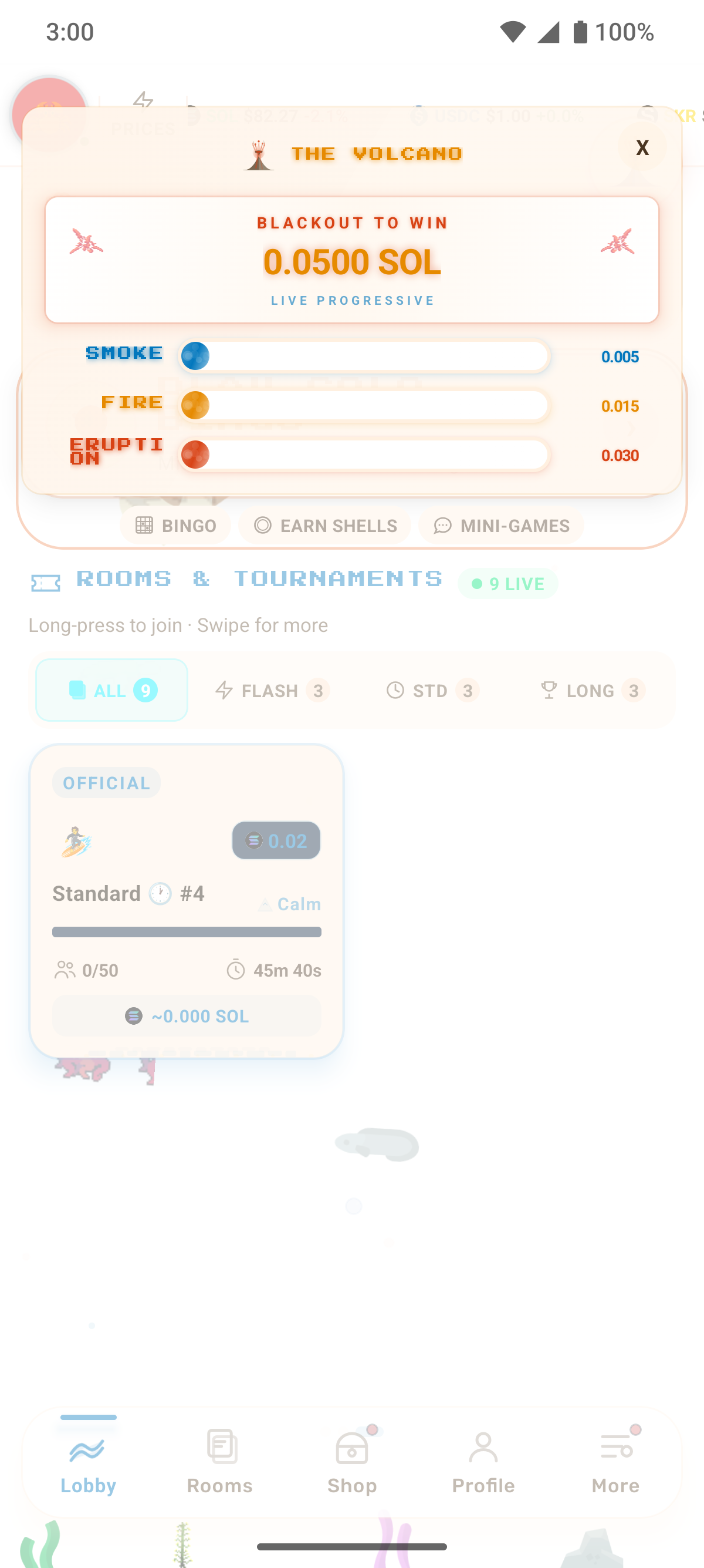 Volcano progressive jackpot with Smoke, Fire, and Eruption tiers